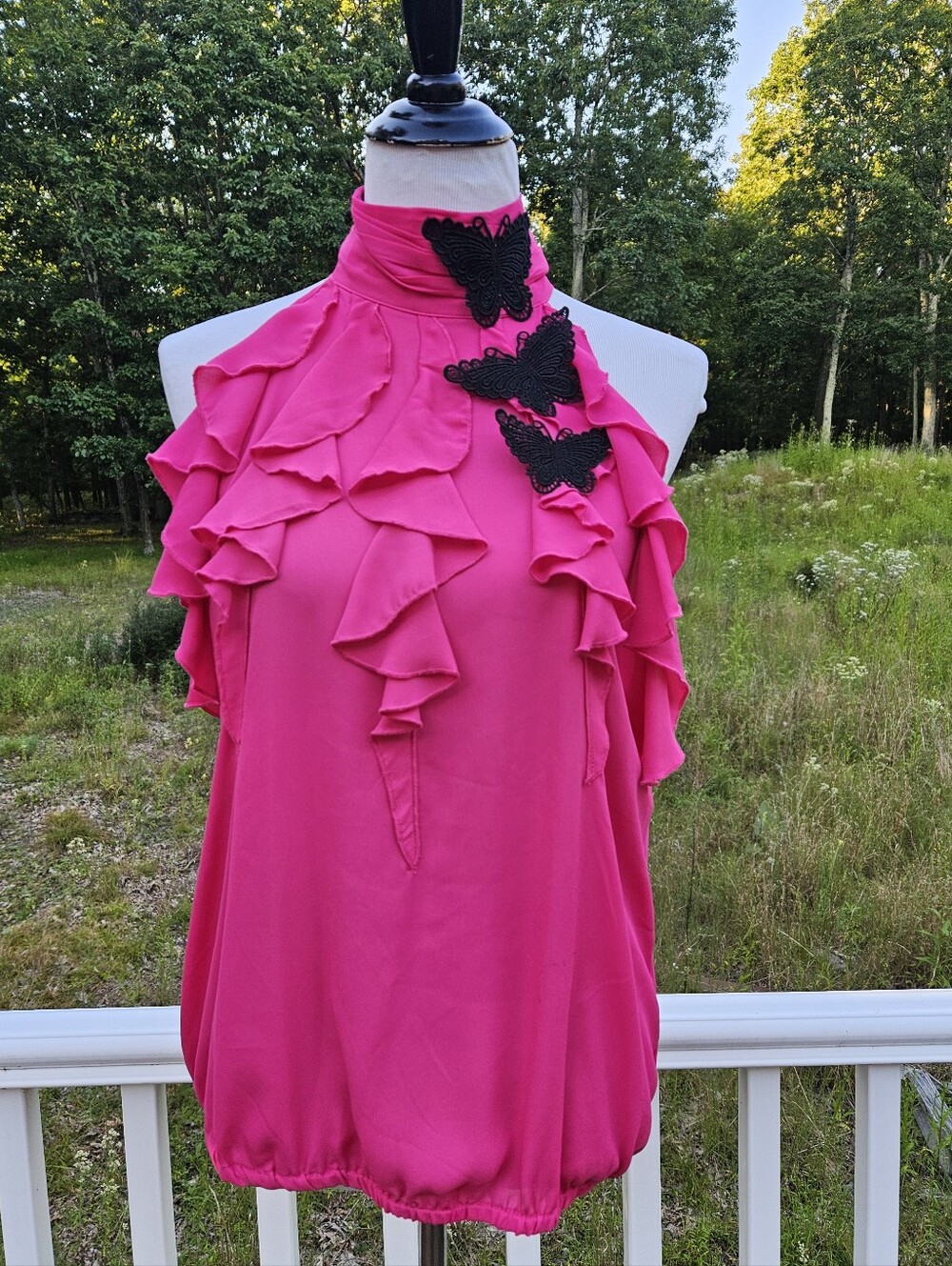 NY & Co Large Women’s Hot Pink Ruffle Halter Top with Black Butterfly Appliqués